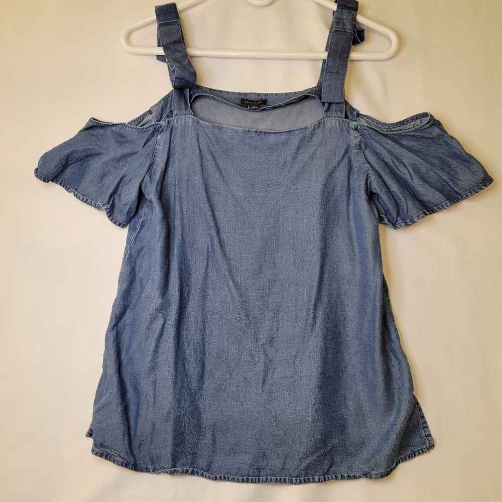 Ann Taylor Blue Flutter Sleeve Blouse
